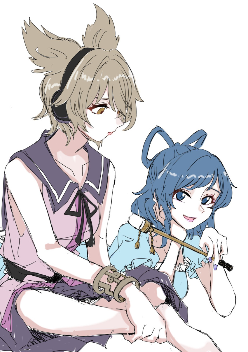 2girls, blue_dress, blue_eyes, blue_hair, brown_eyes, brown_hair, dress, hair_rings