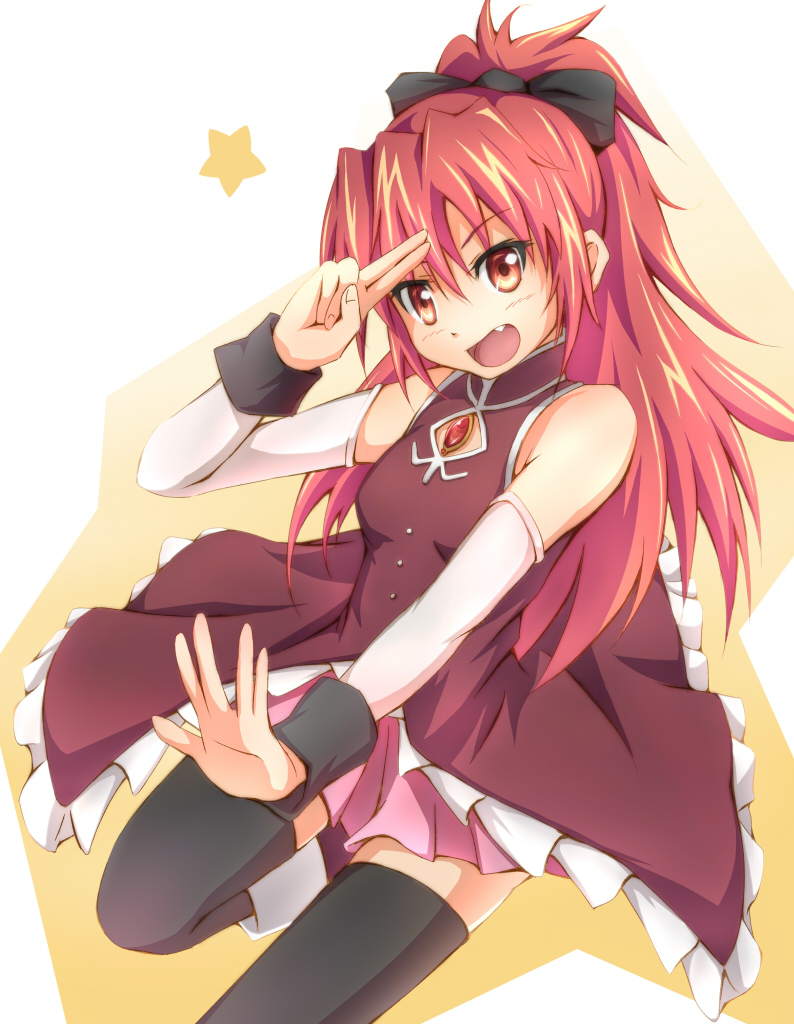 bare_shoulders, black_legwear, bow, fang, hair_bow, long_hair, magical_girl, mahou_shoujo_madoka_magica