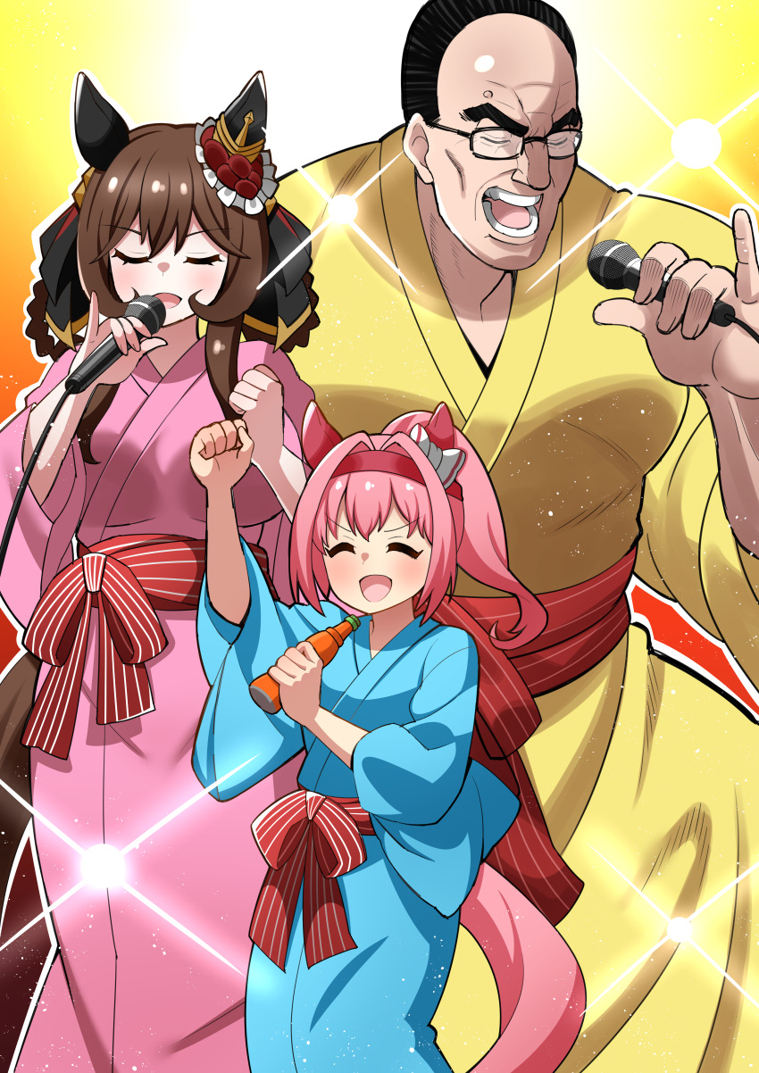 1boy, 2girls, ^_^, absurdres, animal_ears, aramori_susumu, arm_up, black_hair