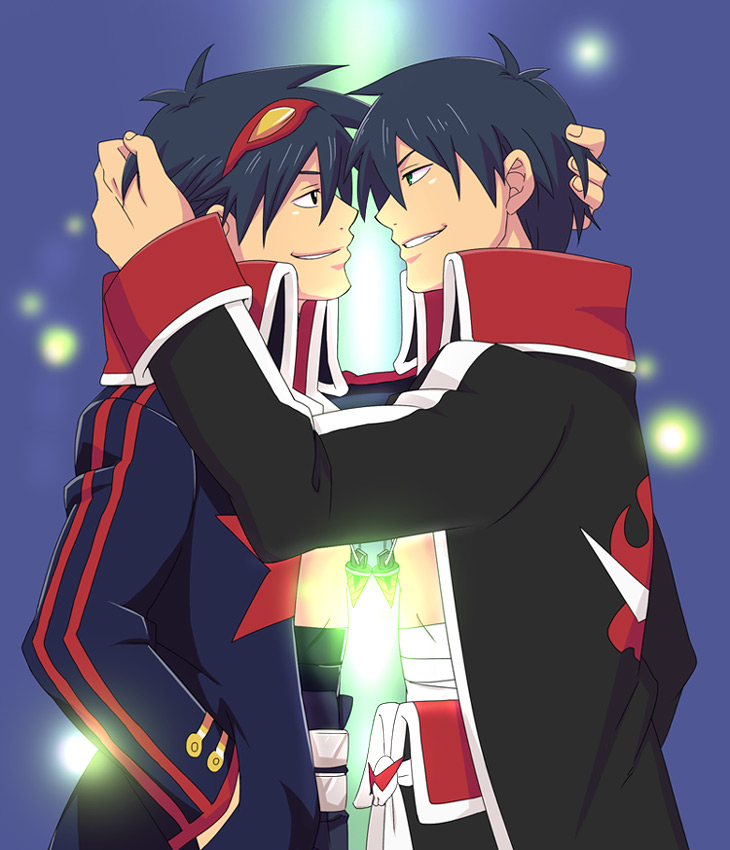 2boys, blue_hair, dual_persona, eye_contact, garlock_simon, glowing, goggles, goggles_on_head