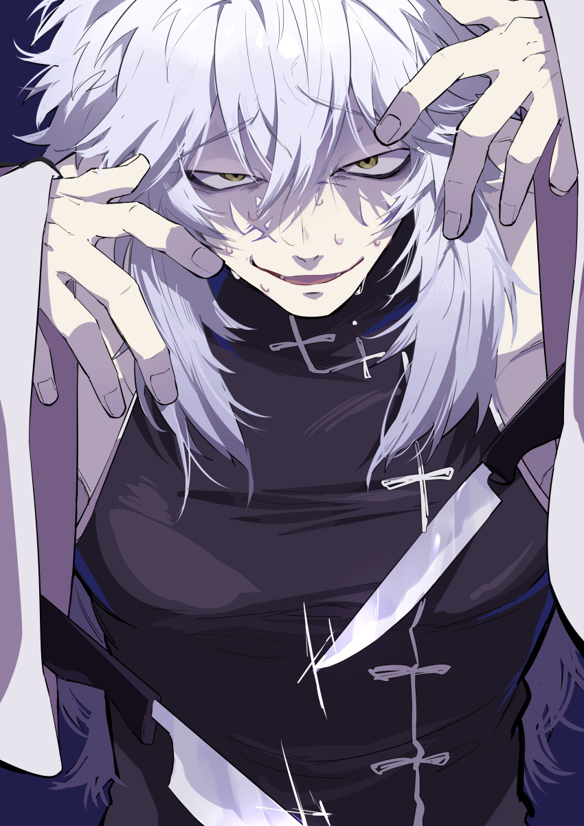 1boy, absurdres, bags_under_eyes, black_dress, commentary_request, dress, fingernails, grey_hair
