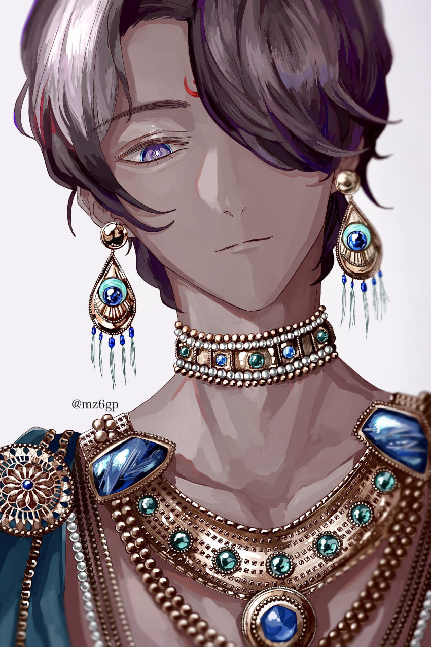 1boy, arjuna_(fate), brown_hair, commentary_request, dark-skinned_male, dark_skin, earrings, facial_mark