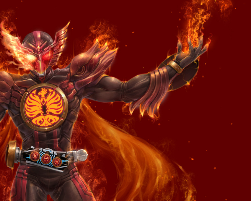 don_michael, fire, glowing, glowing_eyes, kamen_rider, kamen_rider_ooo, kamen_rider_ooo_(series), o_medal