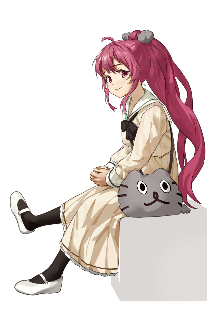 absurdres, alternate_costume, animal_print, black_bow, black_socks, bow, cat_print, commentary, dress, full_body, highres, keibi_inu, kisaragi_1go, long_hair, looking_at_viewer, own_hands_together, ponytail, purple_hair, sailor_collar, sailor_dress, shoes, simple_background, sitting, smile, socks, solo, sugiura_ayano, uwabaki, very_long_hair, violet_eyes, white_background, white_sailor_collar, yellow_dress, yuruyuri