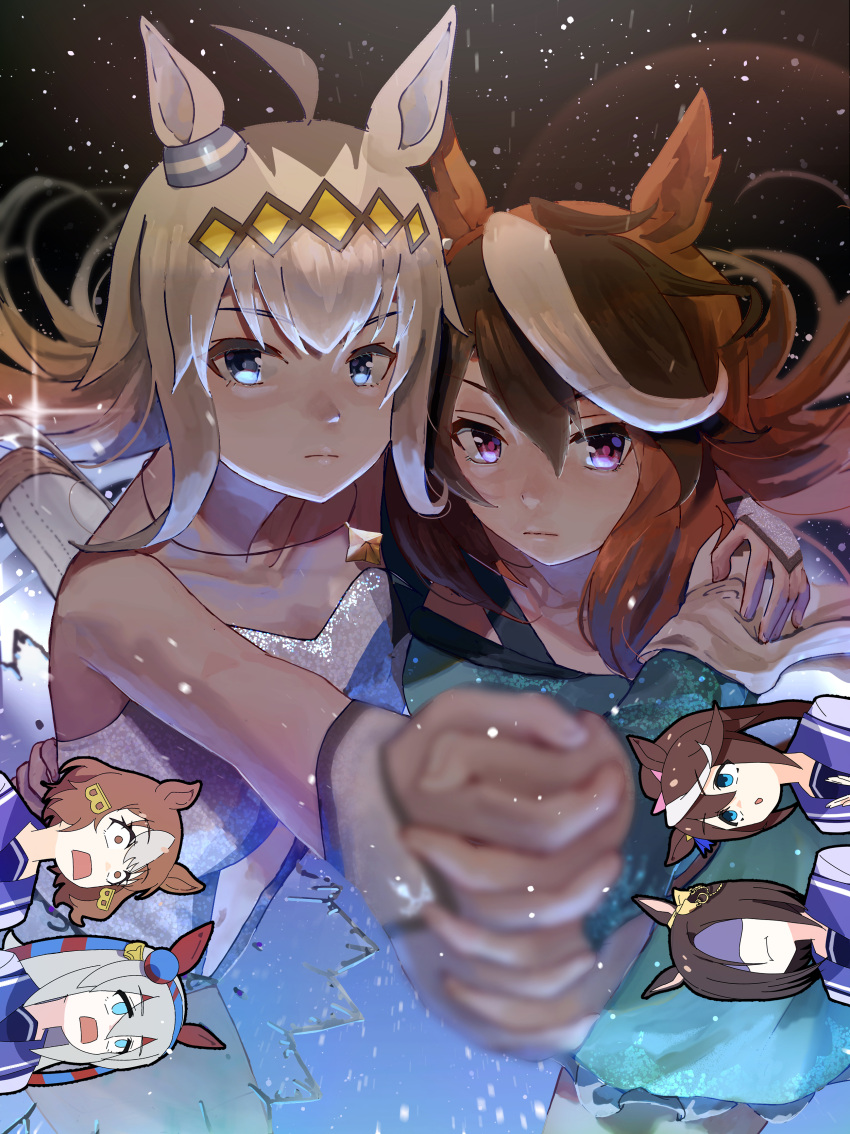 2016_umamusume_promotional_video, 6+girls, absurdres, air_groove_(umamusume), animal_ears, arm_around_shoulder, arm_around_waist, belno_light_(umamusume), blue_eyes, blue_hairband, blush, bow, breasts, brown_hair, closed_mouth, collarbone, commentary_request, dress, ear_bow, ear_covers, ear_ornament, figure_skating, figure_skating_dress, green_dress, grey_hair, hair_between_eyes, hair_ornament, hairband, headband, highres, holding_hands, horse_ears, horse_girl, ice_skating, jewelry, letter_hair_ornament, long_hair, long_sleeves, looking_at_viewer, multicolored_hair, multiple_girls, necklace, no_uwazumi, off-shoulder_dress, off_shoulder, oguri_cap_(umamusume), open_mouth, ponytail, purple_sailor_collar, purple_shirt, red_headband, sailor_collar, sailor_shirt, school_uniform, shaded_face, shirt, short_hair, skating, sleeveless, sleeveless_dress, snowflakes, star_(symbol), star_necklace, streaked_hair, striped_clothes, striped_hairband, symboli_rudolf_(umamusume), tamamo_cross_(umamusume), tokai_teio_(umamusume), tracen_school_uniform, two-tone_hair, umamusume, umamusume:_cinderella_gray, very_long_hair, violet_eyes, white_dress, white_hair, yellow_bow, yuri