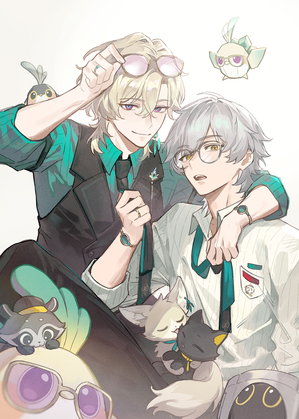 2boys, alternate_costume, animal, animal_ears, animal_nose, animalization, aqua_gemstone, aqua_shirt