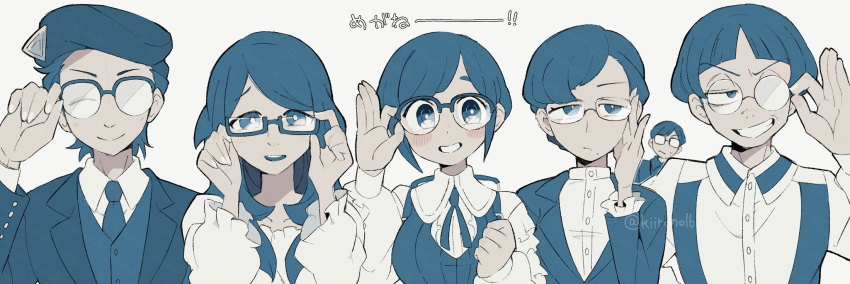 3boys, 3girls, adjusting_eyewear, beret, blue_hair, closed_eyes, closed_mouth, collared_shirt
