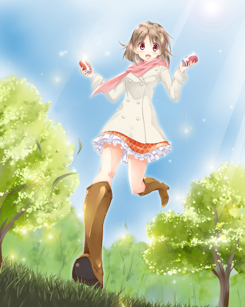 brown_hair, coat, fujimoto_akio, garden, kaiji, pink_eyes, sakazaki_mikoko, scarf
