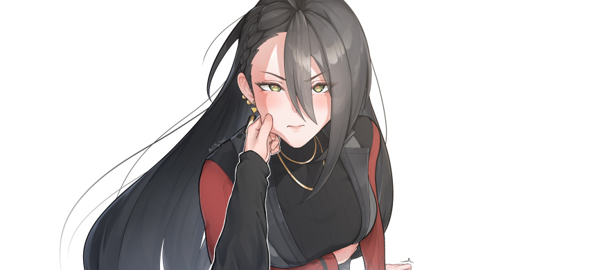 1girl, 1other, absurdres, black_hair, blush, cheek_pinching, earrings, gold_earrings