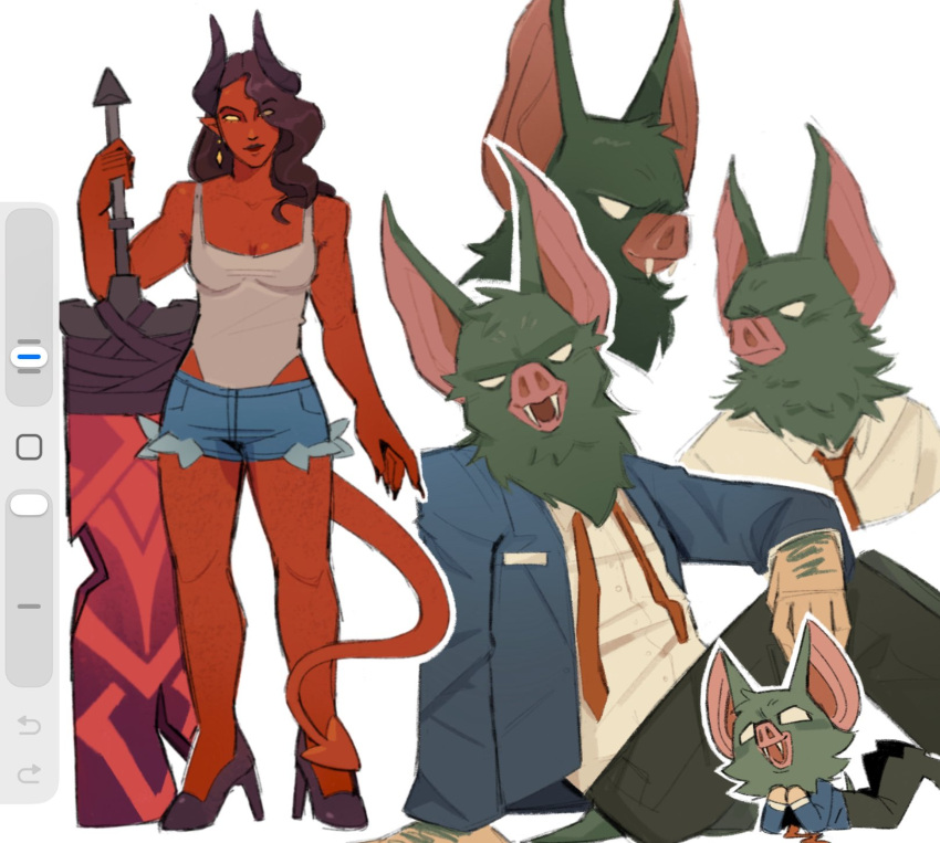1boy, 1girl, animal_ears, art_program_in_frame, bat_boy, bat_ears, black_hair, blue_suit