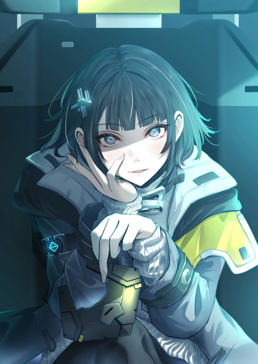 1girl, arknights, arknights:_endfield, black_coat, black_hair, coat, commentary_request, diamond-shaped_pupils