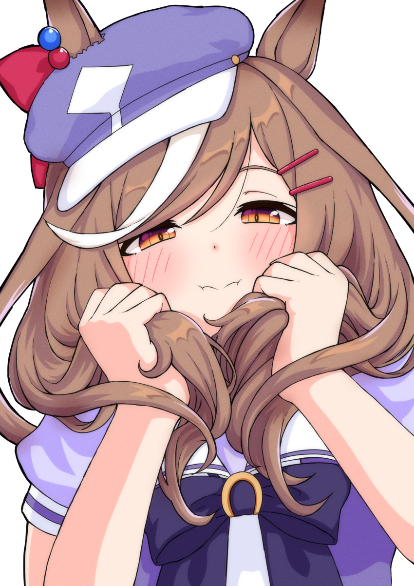 :t, animal_ears, blue_bow, blue_hat, blush, bow, brown_eyes, brown_hair