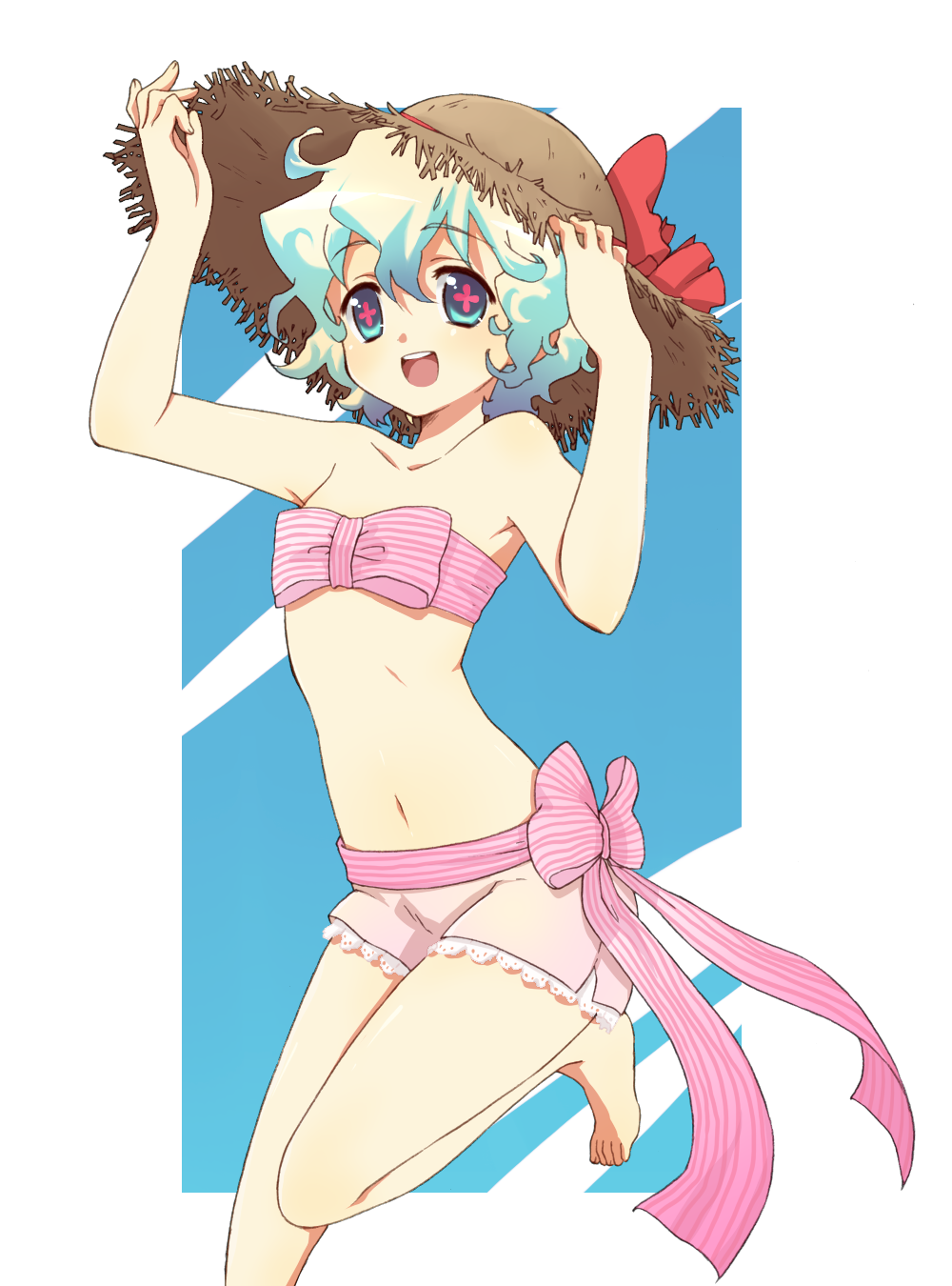 1girl, bare_shoulders, barefoot, bow, happy, hat, highres, kanro