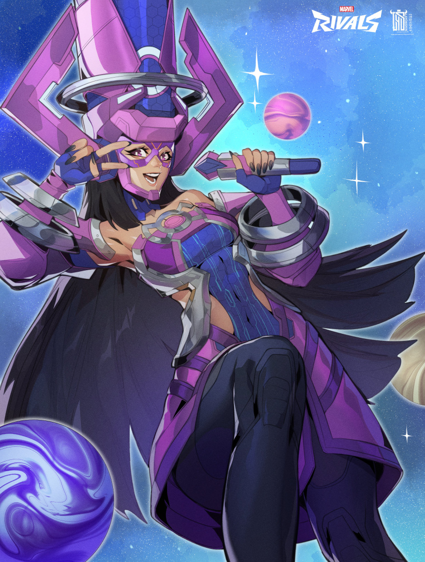 1girl, :d, absurdres, armor, black_hair, black_leggings, blue_background, breasts