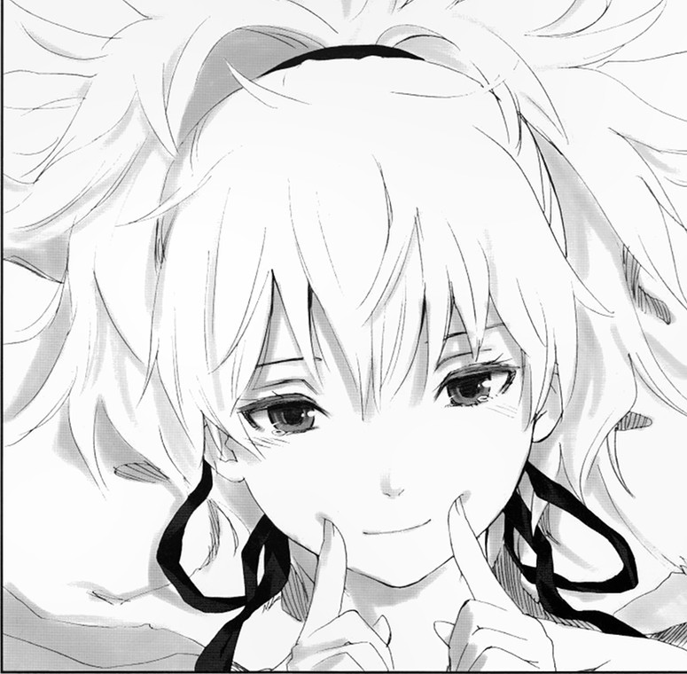 darker_than_black, doujinshi, face, fingersmile, grayscale, greyscale, hair_ribbon, monochrome
