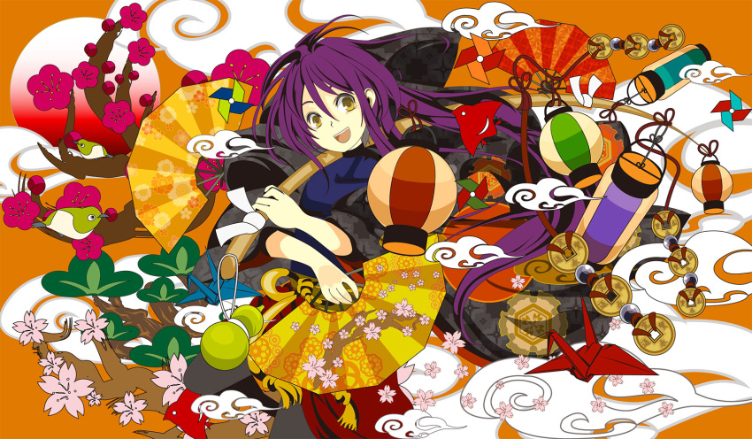 bad_id, bird, cherry_blossoms, coin, fan, folding_fan, highres, long_hair