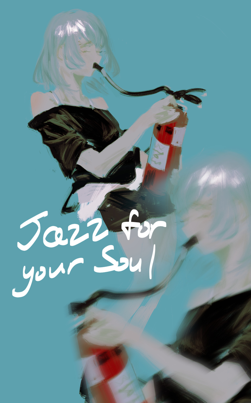 1girl, absurdres, bang_dream!, bang_dream!_it's_mygo!!!!!, black_shirt, blue_background, closed_eyes, fire_extinguisher