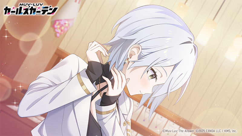 1girl, 2025, black_shirt, closed_mouth, copyright_logo, copyright_name, copyright_notice, earrings, grey_hair, ichijo_shirona, indoors, jacket, jewelry, logo, medium_hair, muv-luv, muv-luv_girls_garden, official_art, profile, shirt, solo, sparkle, upper_body, white_jacket, yellow_eyes, zerohachi_0_8