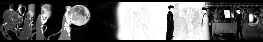 2boys, 6+others, absurdres, black_border, border, curled_up, dual_persona, everyone