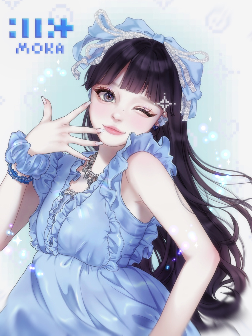 1girl, 4am1, aegyo_sal, black_eyes, black_hair, blue_dress, blunt_bangs, bow
