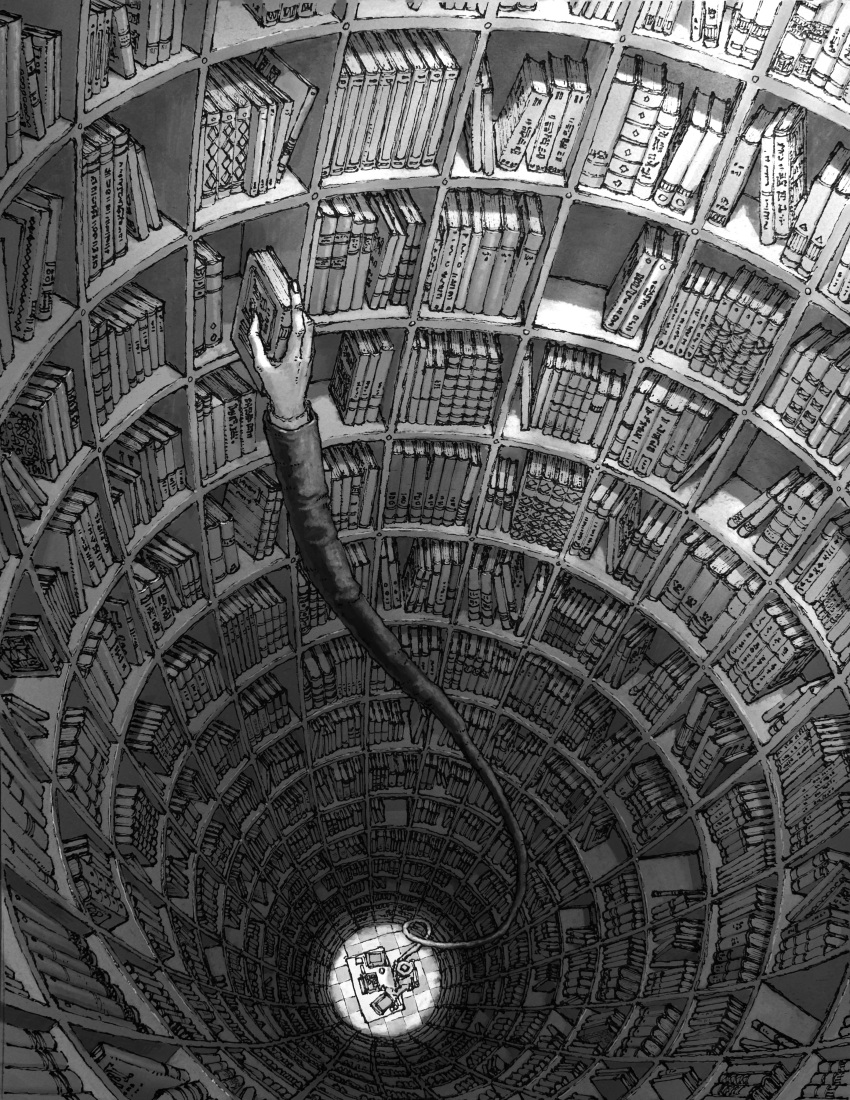 1boy, absurdly_detailed_composition, absurdres, arm_up, book, bookshelf, desk, extendable_limbs, foreshortening, from_above, greyscale, hat, highres, holding, holding_book, indoors, kamikairo, long_sleeves, monochrome, original, reaching, tile_floor, tiles, very_wide_shot