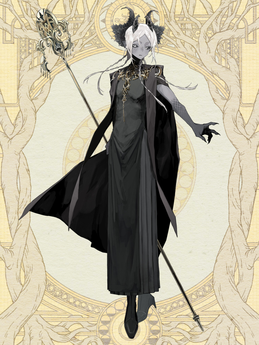 1boy, androgynous, black_horns, black_sclera, black_shoes, colored_sclera, colored_skin, dairoku_ryouhei