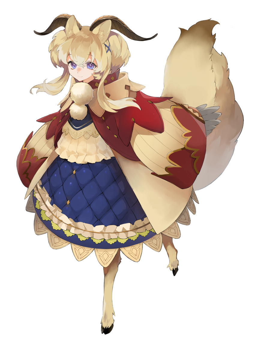 1girl, animal_ears, black_horns, blonde_hair, dairoku_ryouhei, dress, full_body, goat_horns