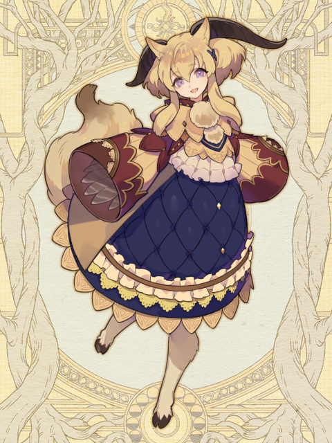 1girl, :d, animal_ears, blonde_hair, dairoku_ryouhei, dress, full_body, goat_horns