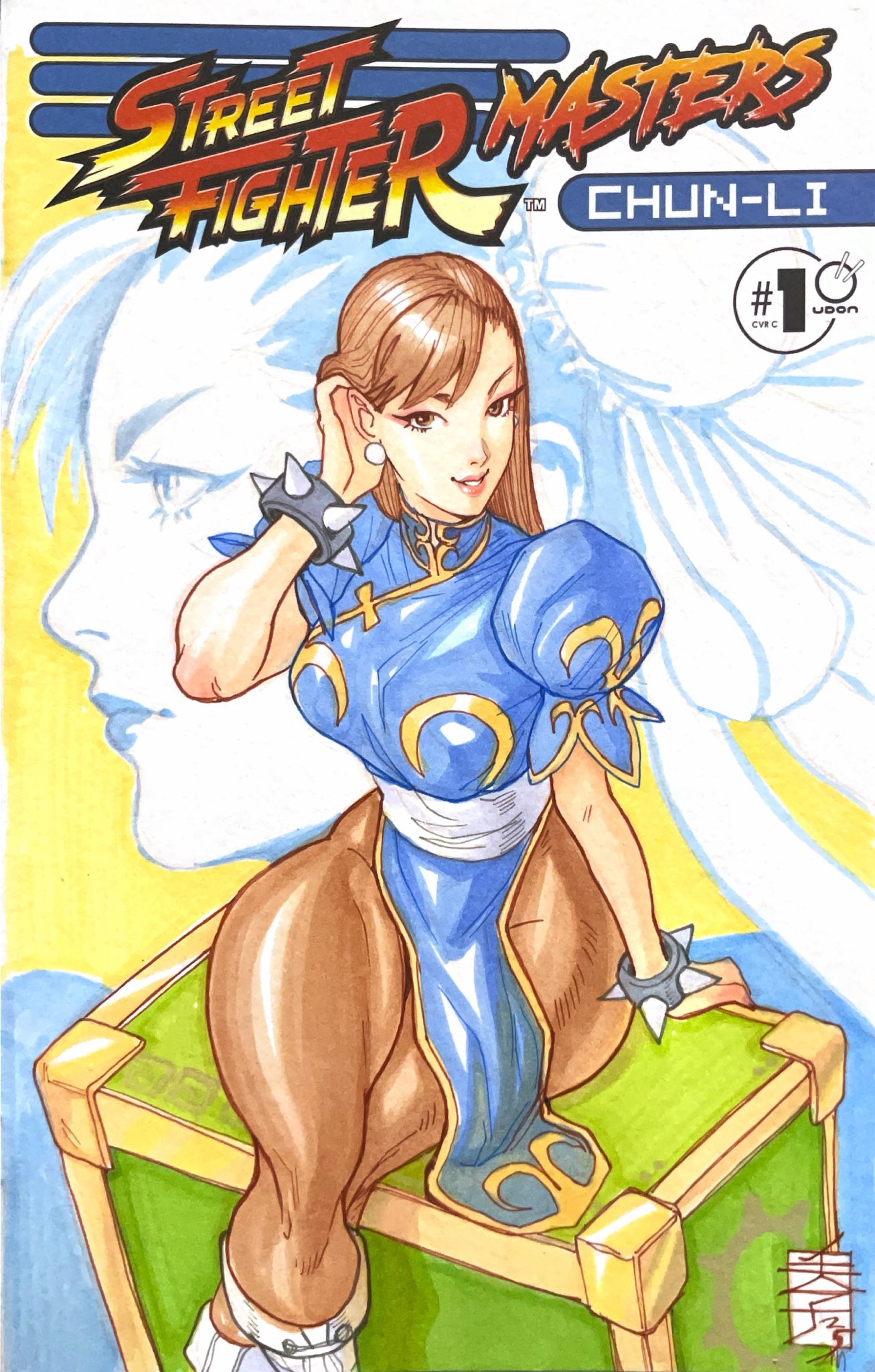 1girl, acecore2k, blue_dress, boots, bracelet, brown_eyes, brown_hair, brown_leggings, bun_cover, character_name, china_dress, chinese_clothes, chun-li, copyright_logo, cover_sketch, crossed_legs, dress, earrings, english_commentary, hair_down, highres, jewelry, leggings, logo, looking_at_viewer, marker_(medium), pen_(medium), pinup_(style), profile, puffy_short_sleeves, puffy_sleeves, short_sleeves, sitting, smile, solo, spiked_bracelet, spikes, street_fighter, thick_thighs, thighs, traditional_media, white_boots
