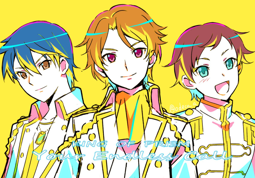 3boys, :d, blue_hair, brown_eyes, brown_hair, commentary_request, copyright_name, epaulettes