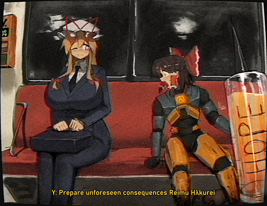 2girls, armor, black_hair, black_necktie, blonde_hair, bow, breasts, cosplay, frilled_bow, frilled_hair_tubes, frills, g-man, g-man_(cosplay), gordon_freeman, gordon_freeman_(cosplay), hair_bow, hair_ribbon, hair_tubes, hakurei_reimu, half-life_(series), hat, hev_suit, highres, lambda_symbol, large_breasts, long_hair, looking_at_another, looking_at_breasts, mob_cap, multiple_girls, nagilamagykalz, necktie, one_eye_closed, orange_armor, pink_eyes, red_bow, ribbon, sitting, subway, suit, suitcase, syringe, touhou, yakumo_yukari