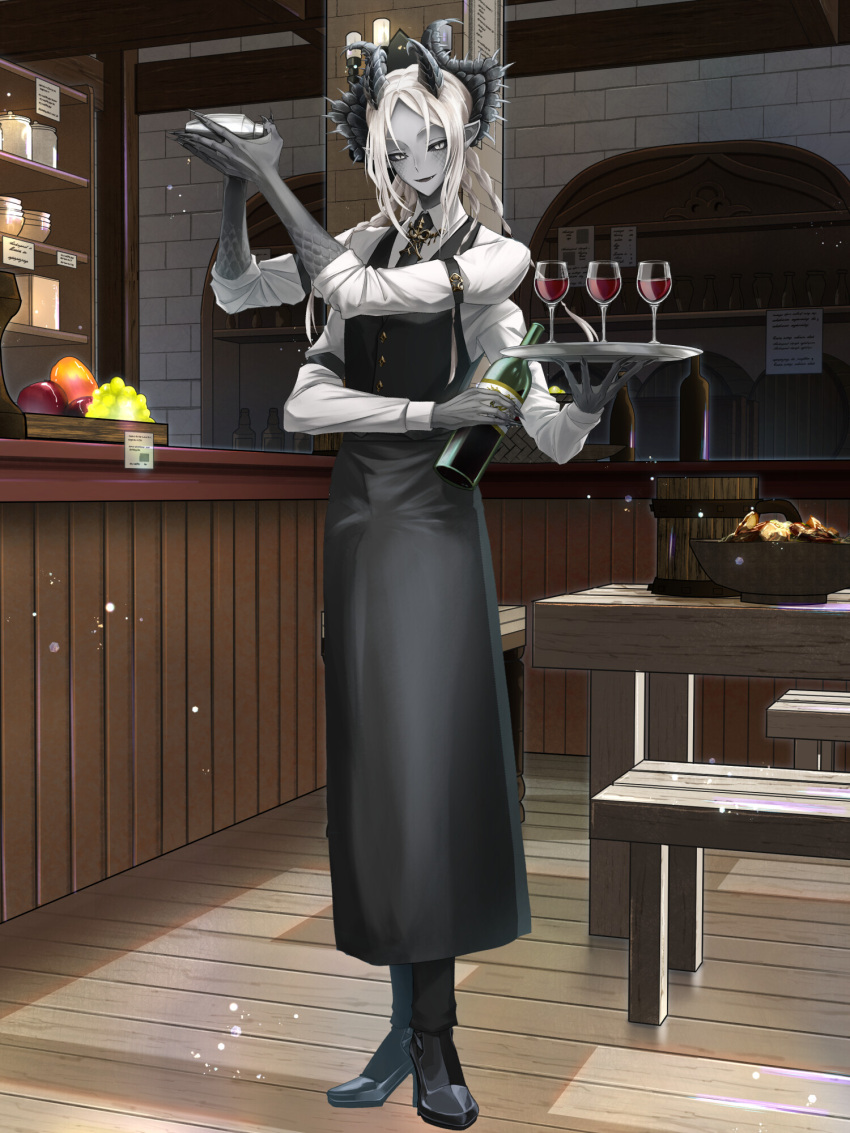 1boy, apron, azumasouya, black_apron, black_horns, black_necktie, black_sclera, black_vest, bottle, braid, cocktail_shaker, colored_sclera, colored_skin, cup, dairoku_ryouhei, drinking_glass, extra_arms, fran_leonis, full_body, grey_skin, highres, holding, holding_bottle, horns, indoors, long_hair, long_sleeves, looking_at_viewer, male_focus, necktie, quad_tails, scales, shirt, shoes, slit_pupils, solo, standing, tray, vest, waiter, white_hair, white_shirt, wine_bottle, wine_glass