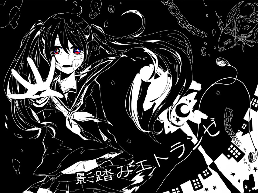 chains, crying, fish, hatsune_miku, headphones, kagefumi_etranger_(vocaloid), kasaka, long_hair