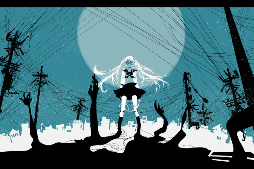 cityscape, expressionless, hall_lee, hatsune_miku, kagefumi_etranger_(vocaloid), long_hair, polychromatic, seifuku