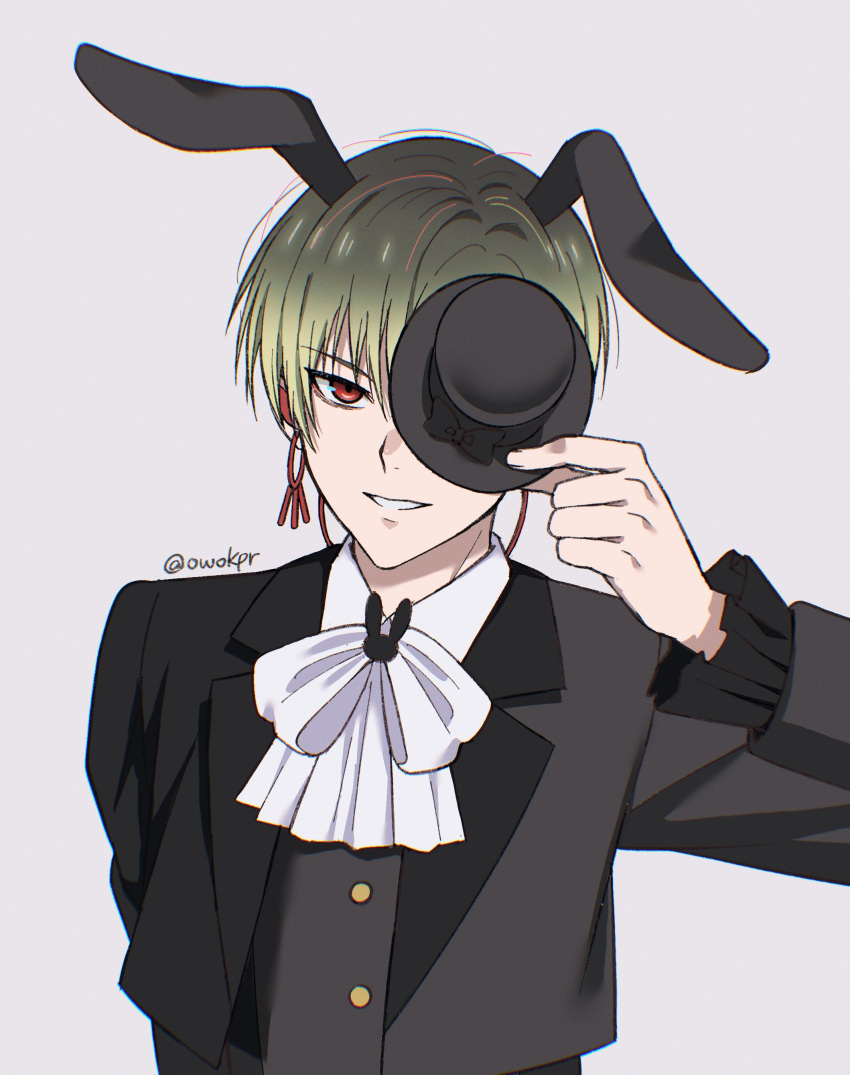 1boy, absurdres, animal_ears, black_jacket, blonde_hair, bow, bowtie, chii_(owokpr)