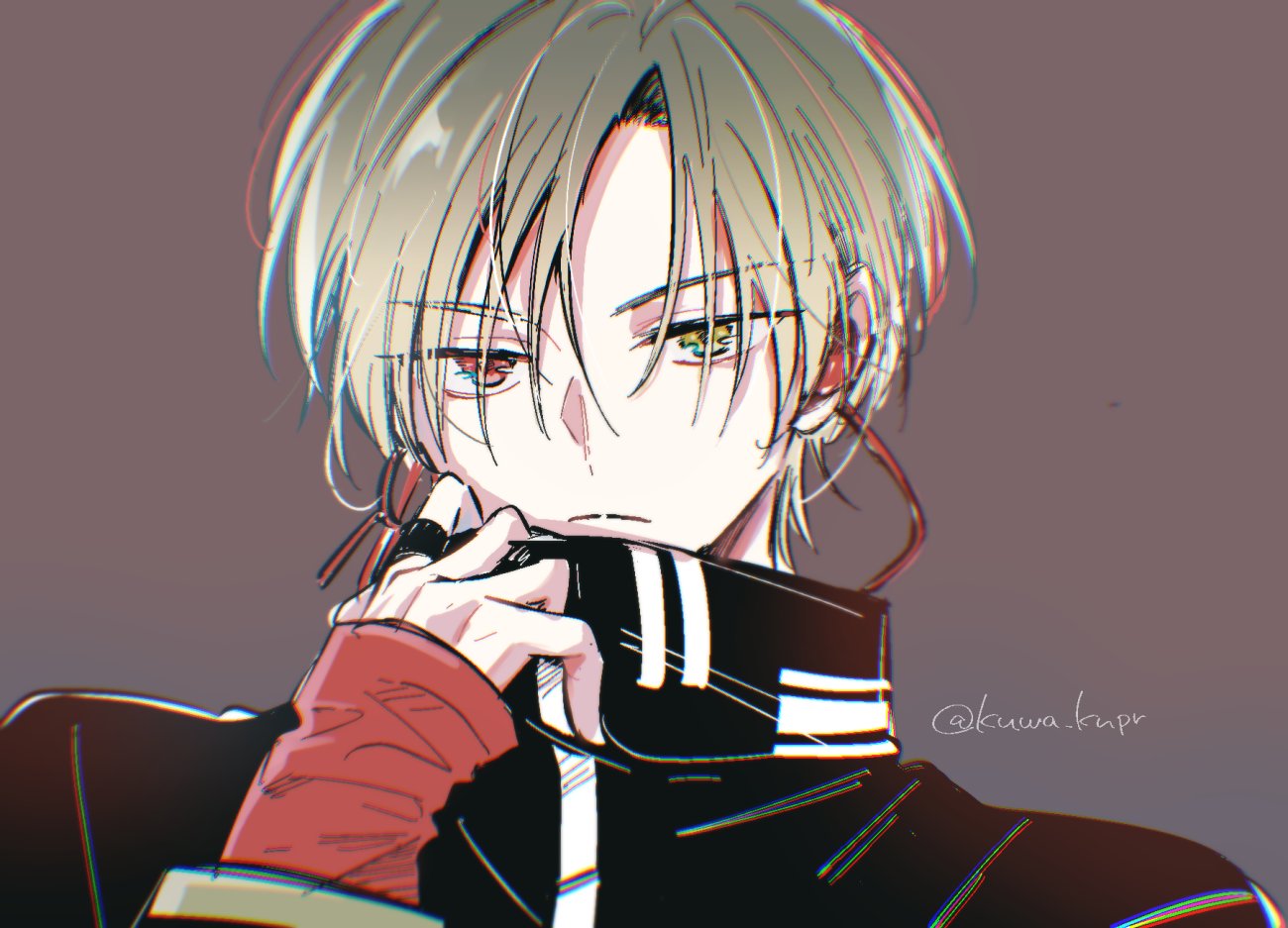 1boy, blonde_hair, closed_mouth, commentary_request, earrings, grey_background, hair_between_eyes, hand_up