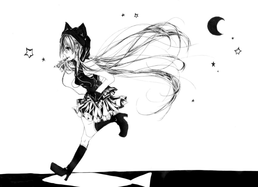 bare_shoulders, boots, crescent_moon, hands_on_hips, headphones, hitizuhito, kagefumi_etranger_(vocaloid), long_hair