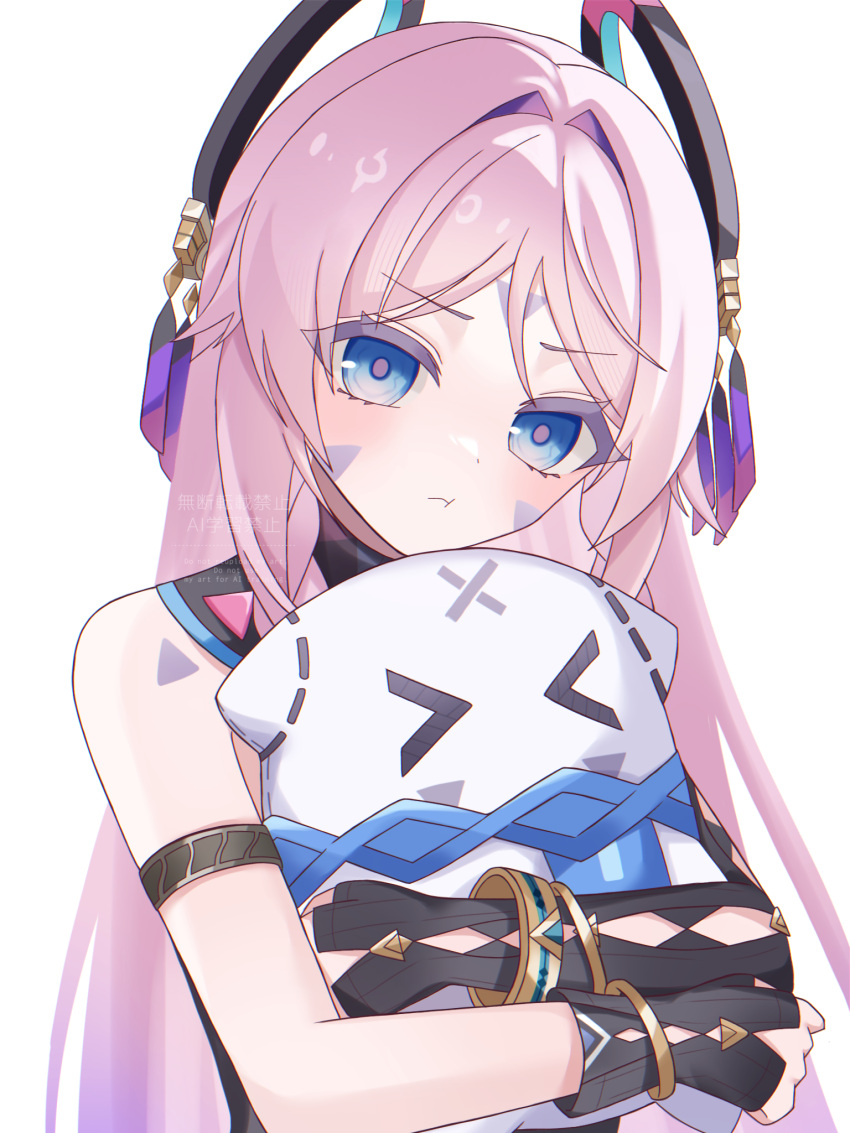 >_<, 1girl, :t, asymmetrical_gloves, bare_shoulders, black_gloves, blue_eyes, blush