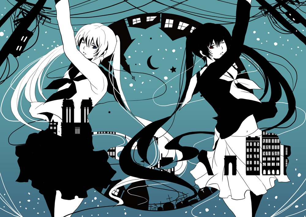 blue_eyes, cityscape, crescent_moon, cross, hatsune_miku, kagefumi_etranger_(vocaloid), long_hair, moon