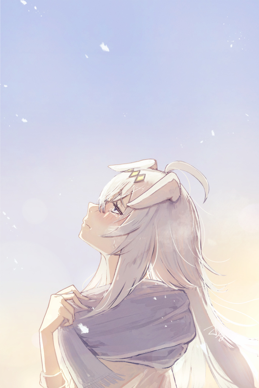 1girl, ahoge, animal_ears, blue_eyes, crying, droopy_ears, ears_down, from_side