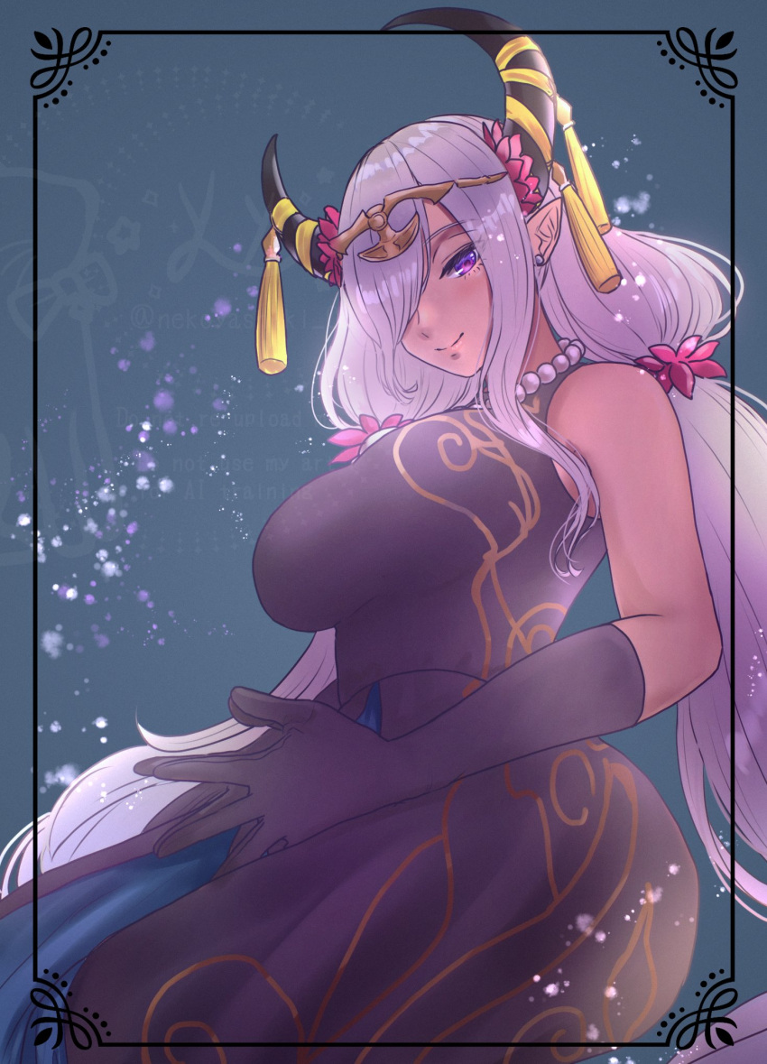 1girl, asymmetrical_horns, bare_shoulders, breasts, casual, dark-skinned_female, dark_skin, dragon_girl