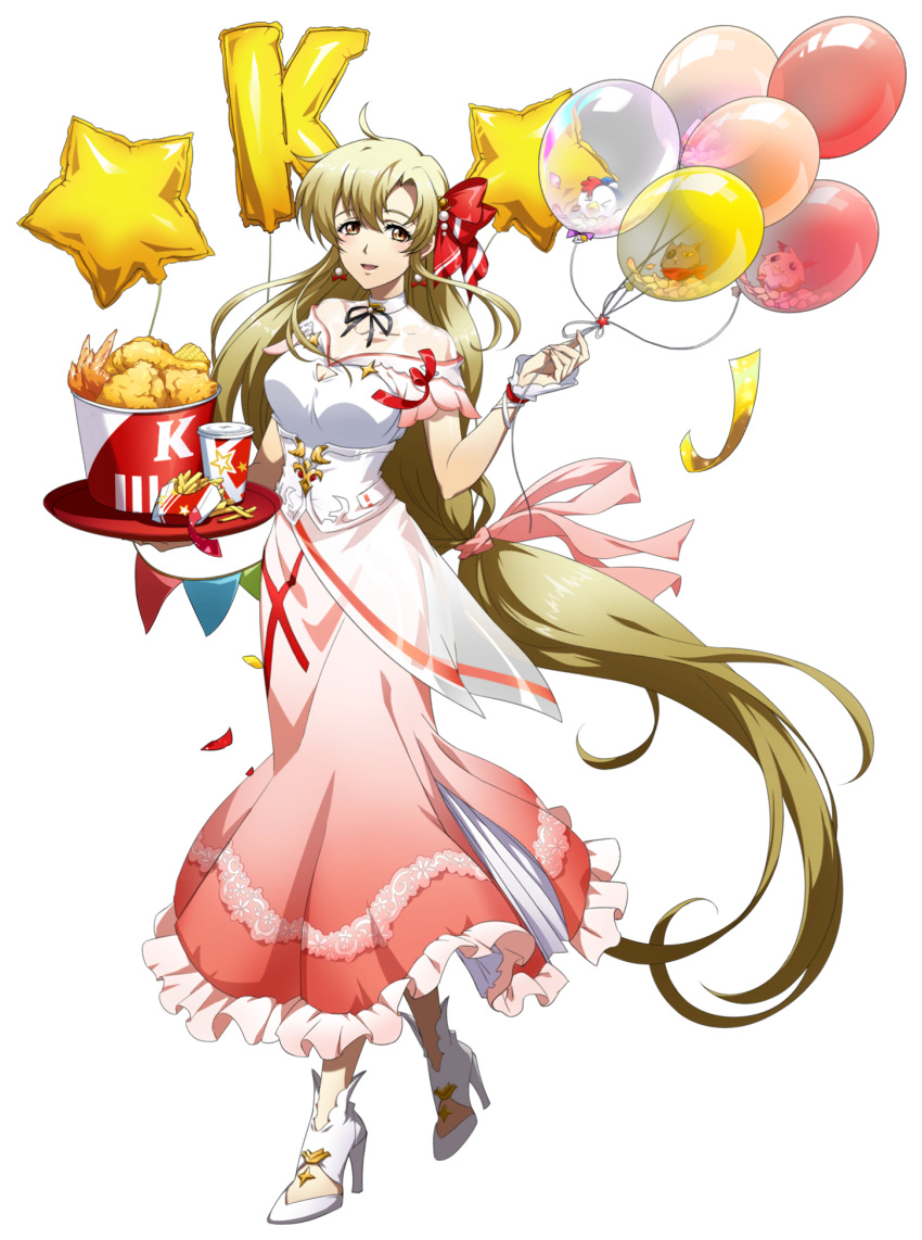 1girl, :d, balloon, bare_shoulders, black_ribbon, blonde_hair, bow, brand_name_imitation