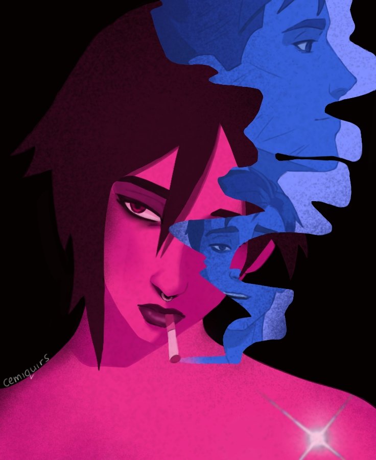 1boy, 1girl, artist_name, black_background, black_hair, cemiquirs, cigarette, dispatch, face_piercing, glint, hair_between_eyes, invisigal_(dispatch), limited_palette, lipstick, looking_at_viewer, makeup, minimalism, multiple_boys, neon_palette, nose_piercing, nose_ring, piercing, pink_eyes, pop_art, profile, red_eyes, robert_robertson, scar, scar_on_face, septum_piercing, short_hair, simple_background, smoke, smoking, twitter_username