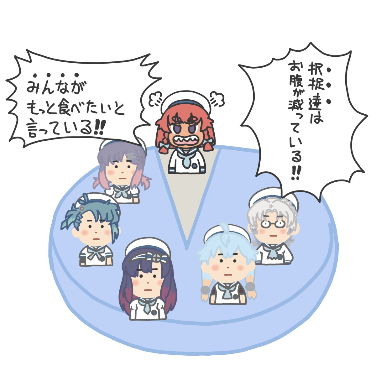 6+girls, angry, blue_hair, blue_neckerchief, commentary_request, etorofu_(kancolle), ferret-san, fukae_(kancolle)