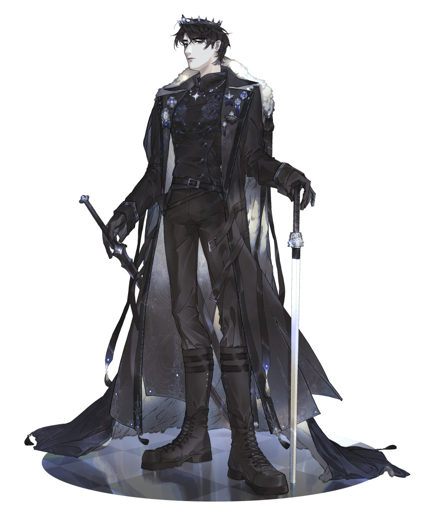 1boy, absurdres, belt, black_coat, black_eyes, black_hair, black_shirt, boots