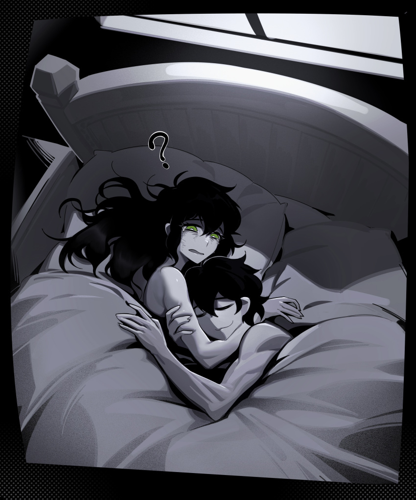 1boy, 1girl, ?, absurdres, aierlaobo, andrew_graves, bare_shoulders, black_hair
