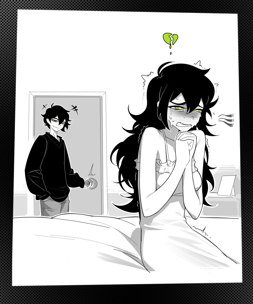 1boy, 1girl, absurdres, aierlaobo, andrew_graves, bare_shoulders, black_hair, black_sweater