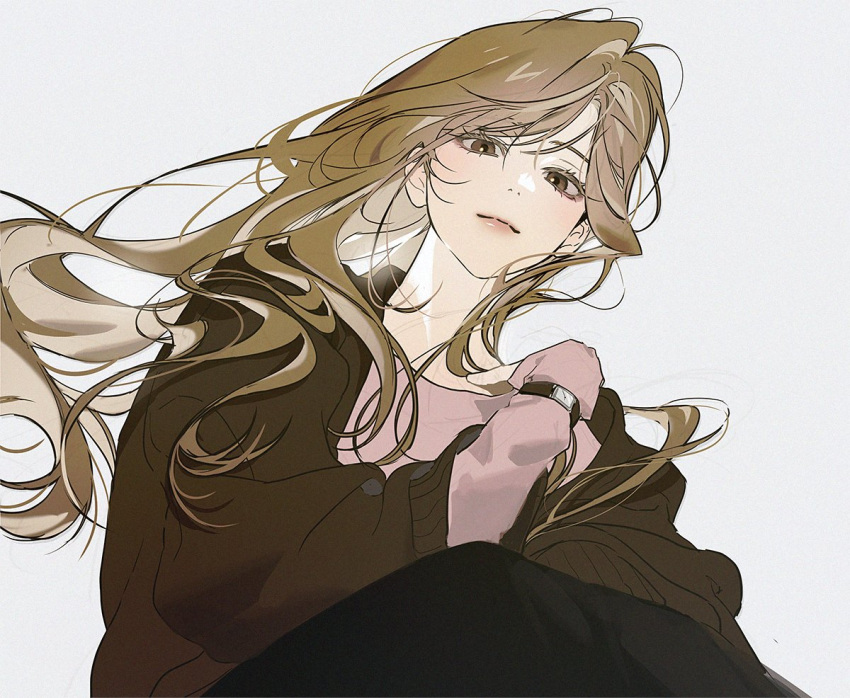 1girl, aegyo_sal, blonde_hair, brown_eyes, brown_jacket, hand_up, hinizana, jacket