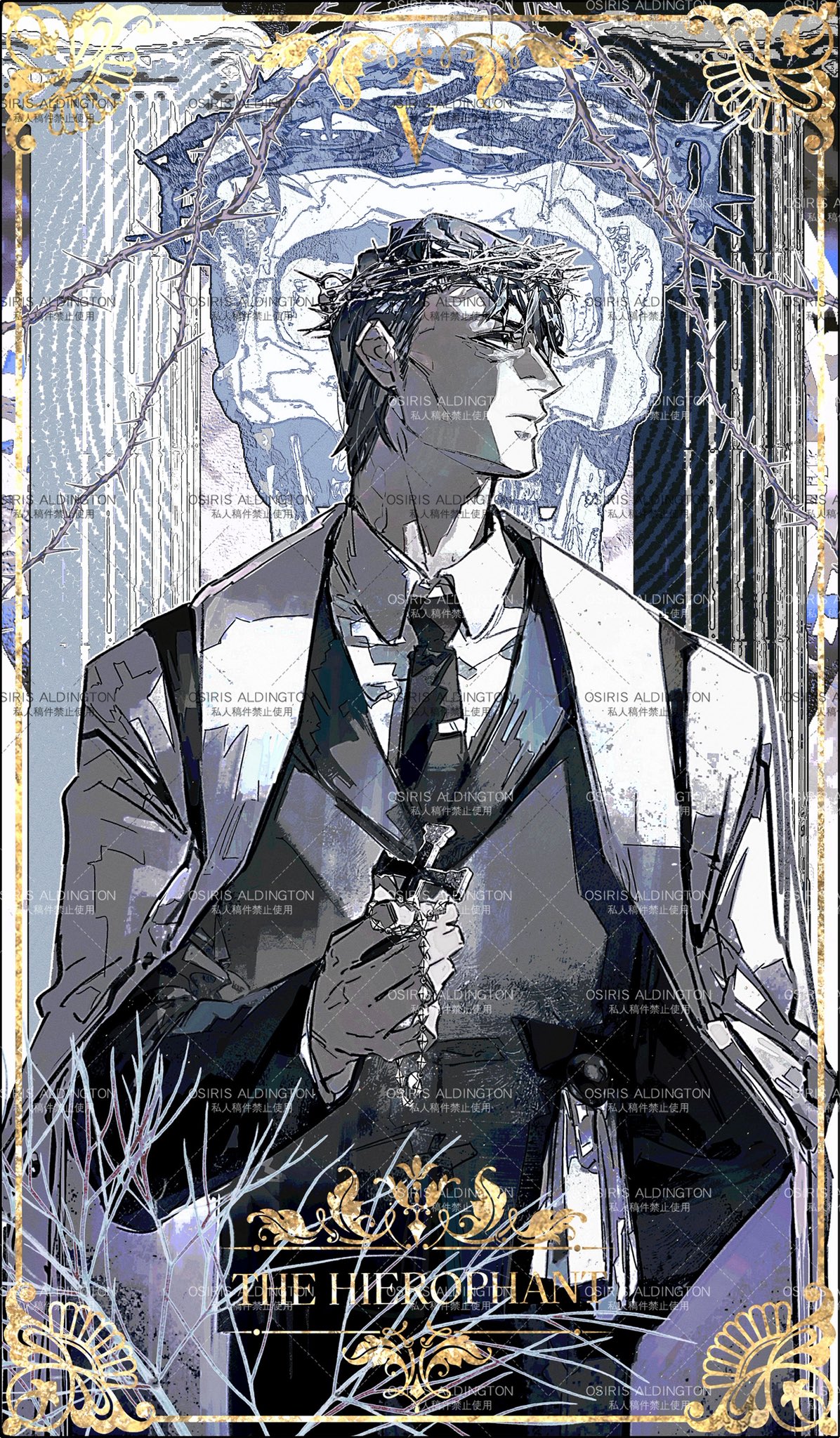 1boy, bags_under_eyes, black_hair, black_necktie, black_vest, border, coat, coat_on_shoulders, collared_shirt, column, cowboy_shot, cross, crown_of_thorns, duanxiaosheng1, exhausted, hand_in_pocket, highres, hokma_(project_moon), holding, holding_cross, library_of_ruina, looking_to_the_side, male_focus, necktie, ornate_border, pillar, project_moon, shirt, short_hair, skull, solo, tarot, the_hierophant_(tarot), too_many_watermarks, vest, watermark, white_coat, white_shirt