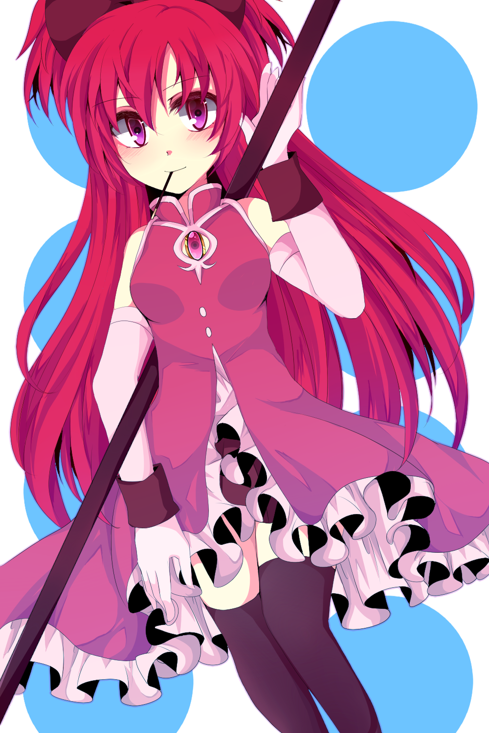bare_shoulders, black_legwear, bow, hair_bow, highres, kuroi_(your_blood), kuroi_paseri, magical_girl, mahou_shoujo_madoka_magica, polearm, ponytail, purple_eyes, red_eyes, red_hair, redhead, sakura_kyouko, solo, thigh-highs, thighhighs, violet_eyes, weapon, zettai_ryouiki